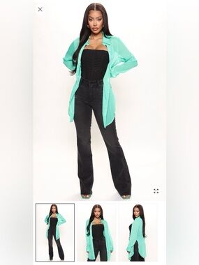 Fashion Nova Sheer Button-Down Shirt in Teal Green